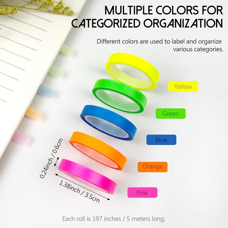 Ceemiaa 5 Rolls Fluorescent Highlighter Tape – Transparent Removable Neon Marking Sticker for Books, Notes & Labels – Writable PET Annotation Strips for Study, Office & Home - Image 3